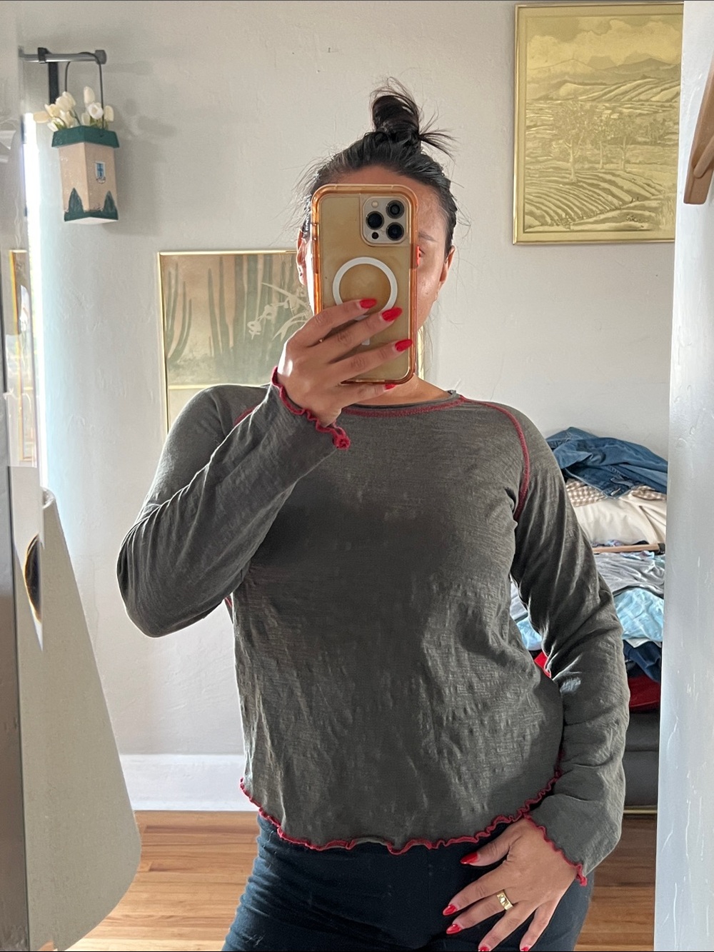 NATURAL LIFE Olive Long Sleeve Crewneck Top with Red Contrast Stitching